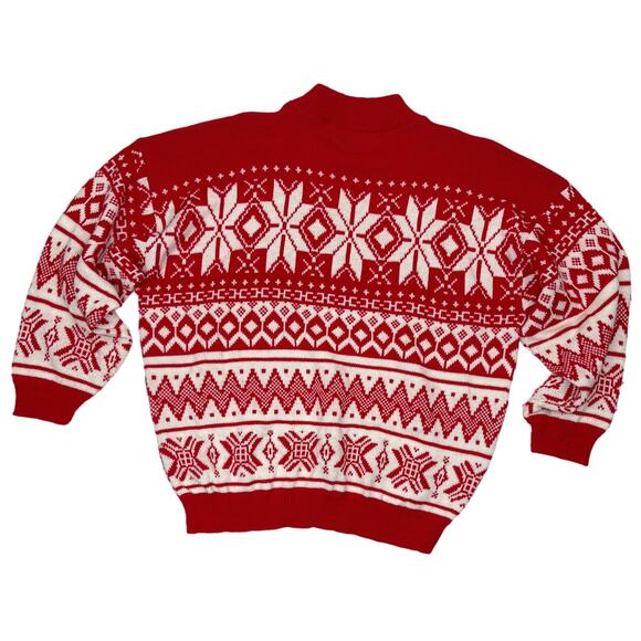 Vintage Red White Fair Isle Sweater - Women's Size L - Picture 2 of 5